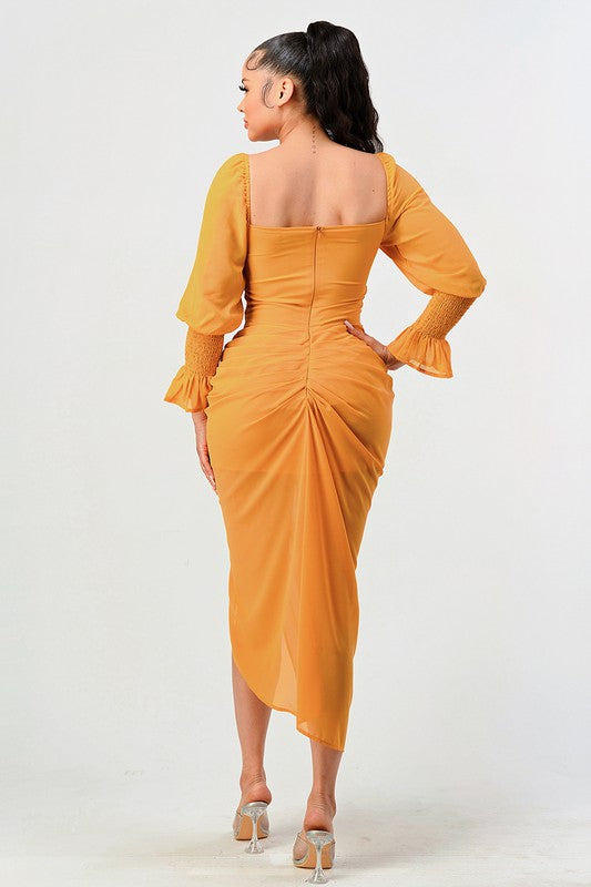 Summer solid yellow long sleeve chiffon dress Athina