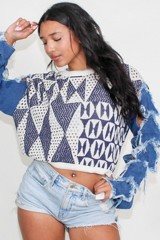 STAR SLEEVE KNIT DENIM CONTRAST TOP Wäre Rare Fashion