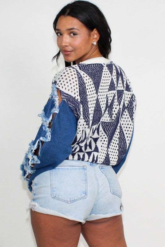 STAR SLEEVE KNIT DENIM CONTRAST TOP Wäre Rare Fashion