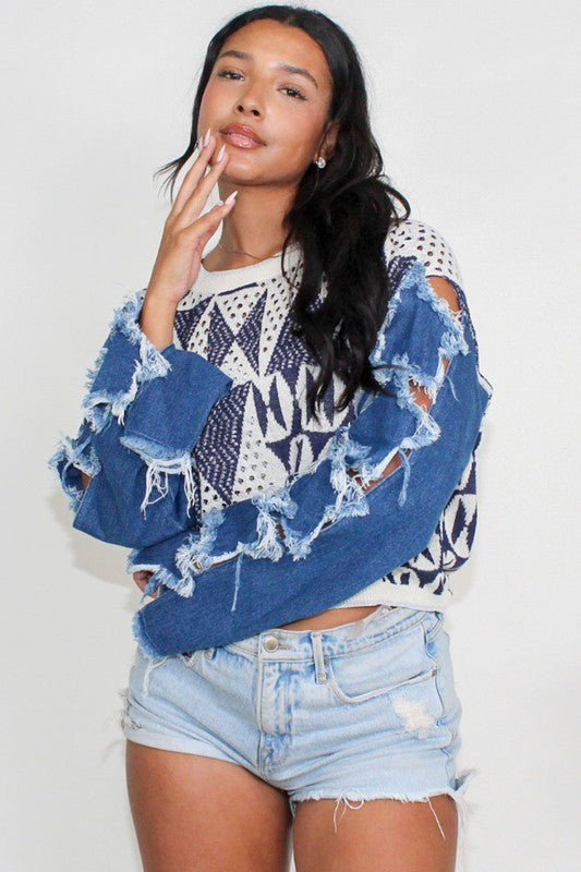 STAR SLEEVE KNIT DENIM CONTRAST TOP Wäre Rare Fashion