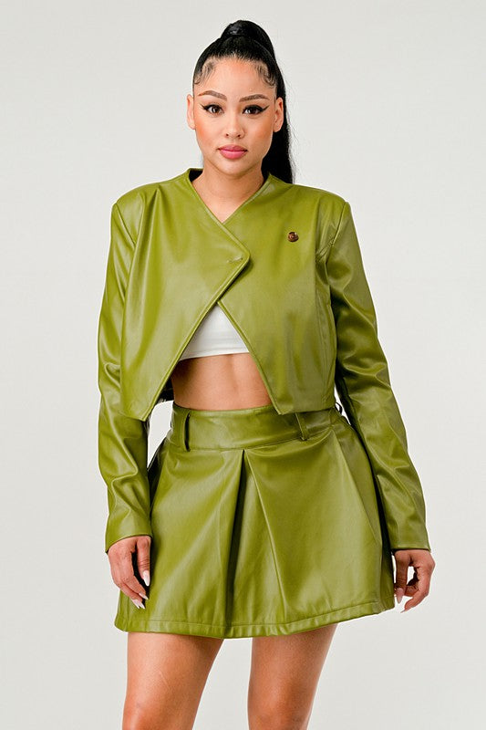 Button Up Pu Leather jacket and Skirt Set Wäre Rare Fashion