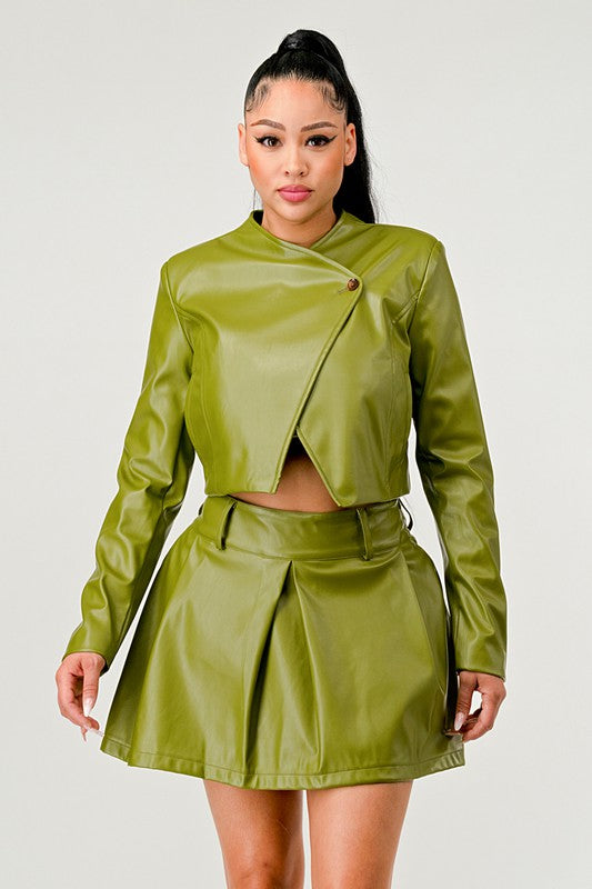 Button Up Pu Leather jacket and Skirt Set Wäre Rare Fashion
