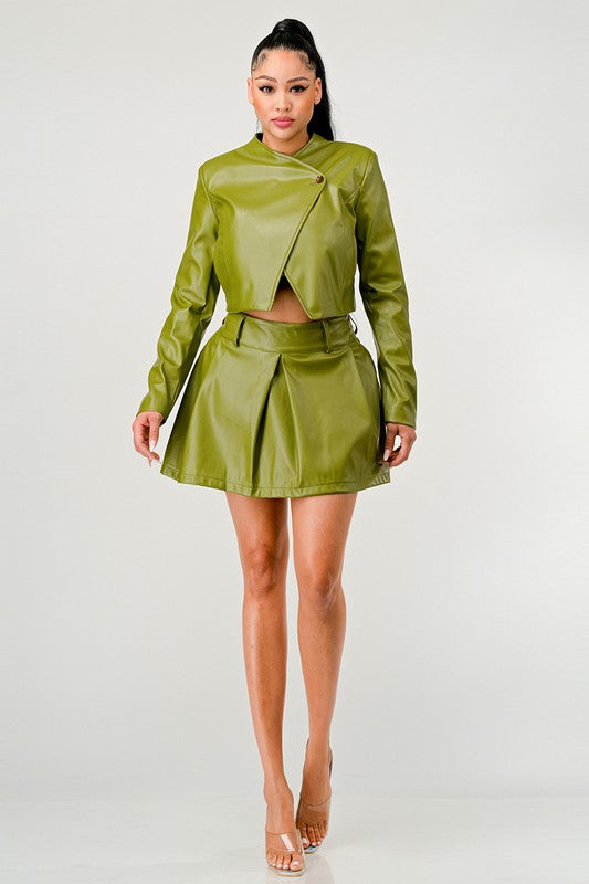 Button Up Pu Leather jacket and Skirt Set Wäre Rare Fashion