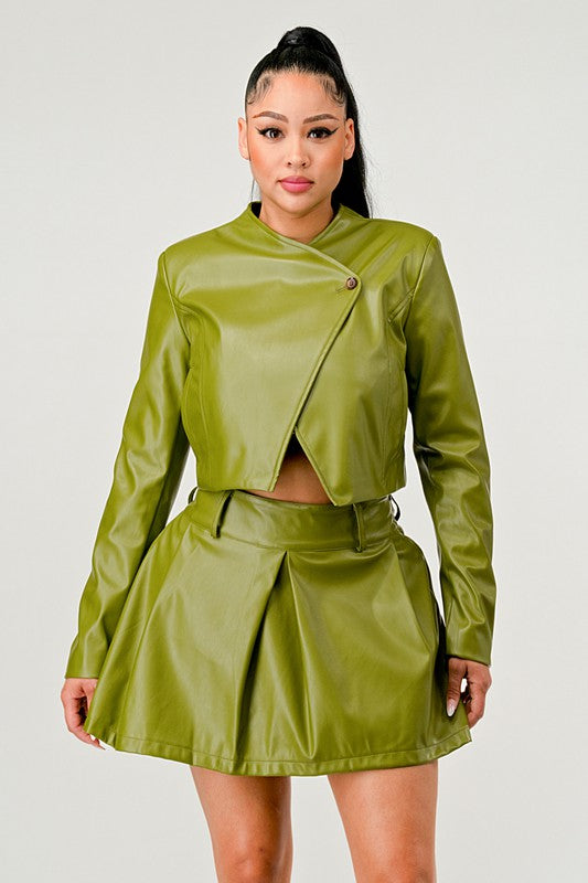 Button Up Pu Leather jacket and Skirt Set Wäre Rare Fashion