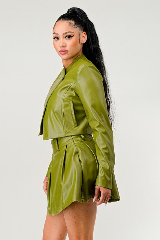 Button Up Pu Leather jacket and Skirt Set Wäre Rare Fashion