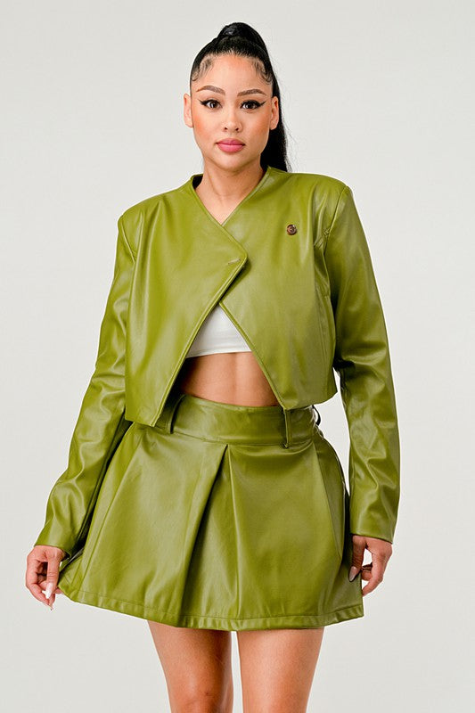 Button Up Pu Leather jacket and Skirt Set Wäre Rare Fashion