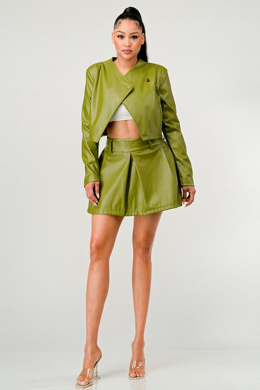 Button Up Pu Leather jacket and Skirt Set Wäre Rare Fashion
