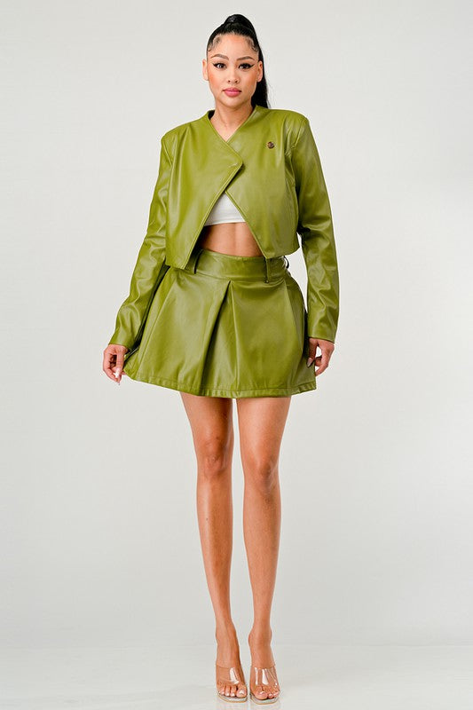 Button Up Pu Leather jacket and Skirt Set Wäre Rare Fashion