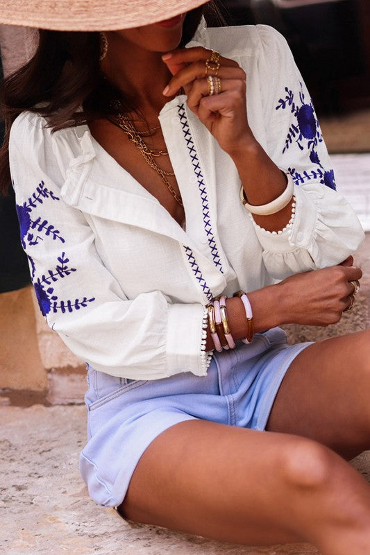 Women Floral Embroidered Bracelet Sleeve Shirt YNIQUE