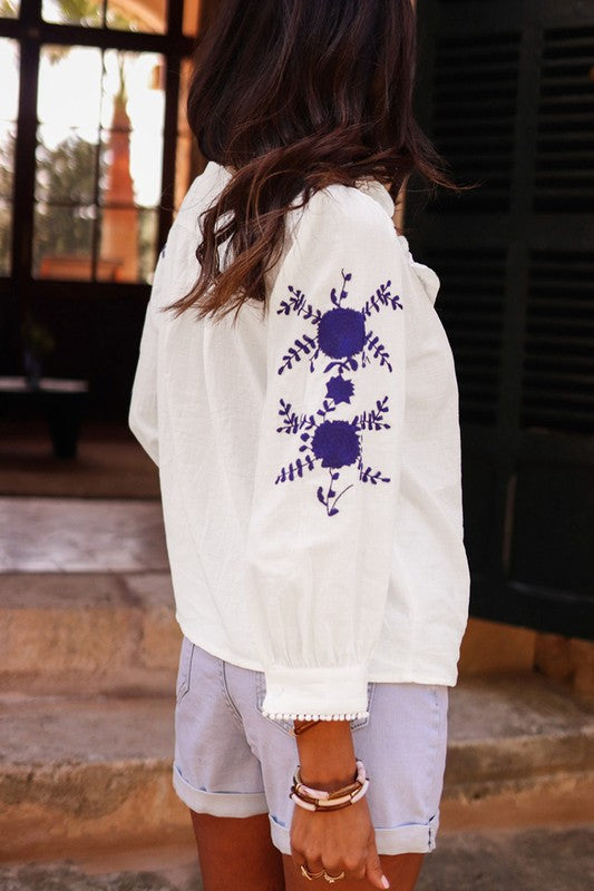 Women Floral Embroidered Bracelet Sleeve Shirt YNIQUE