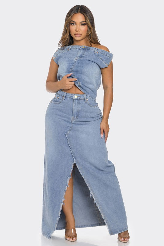 OFF SHOULDER DENIM 2PCS SET