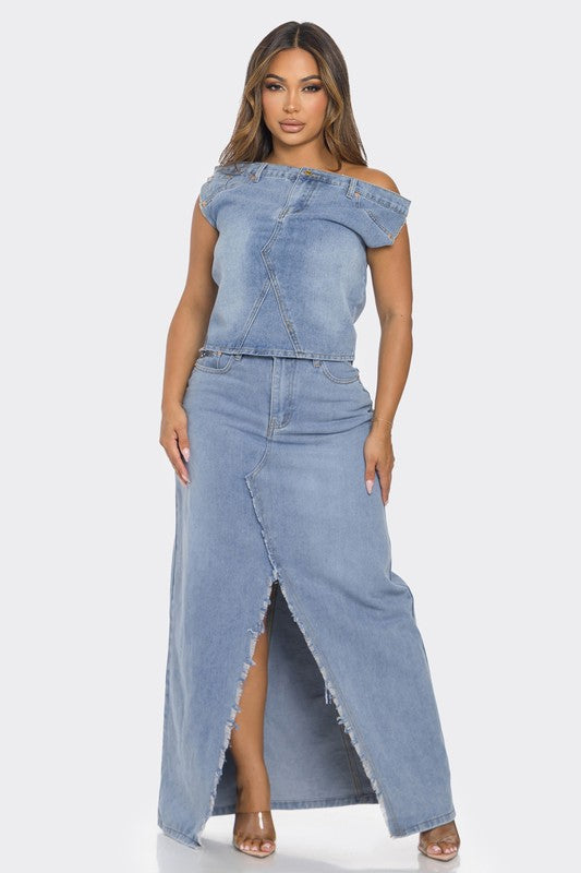 OFF SHOULDER DENIM 2PCS SET