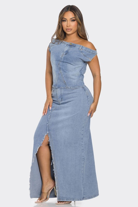 OFF SHOULDER DENIM 2PCS SET