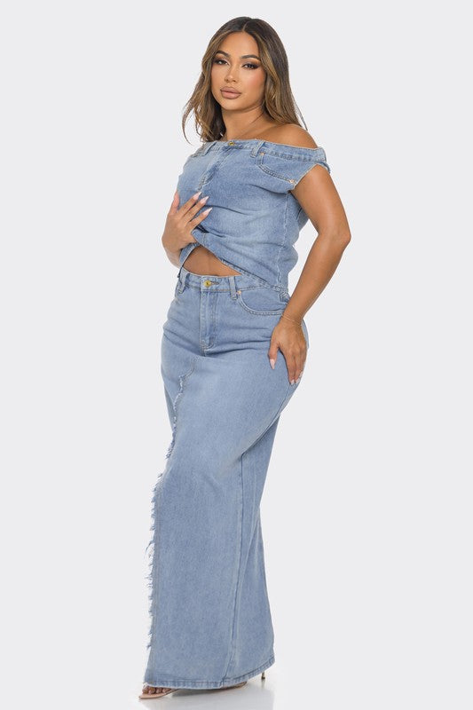 OFF SHOULDER DENIM 2PCS SET
