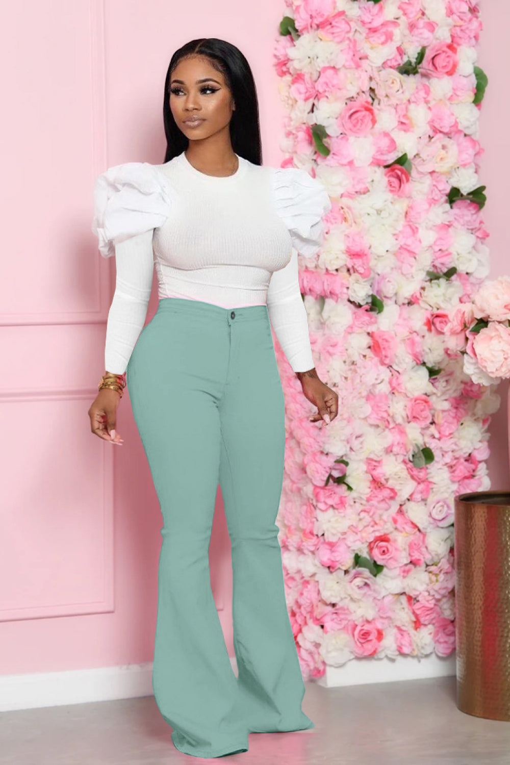 Mutton Sleeve Top and Flare Pants Set