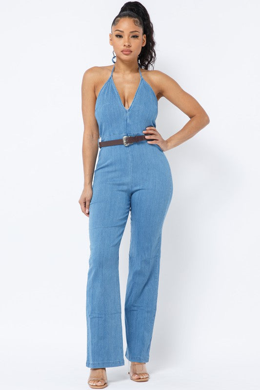HALTER NECK TIE DENIM JUMPSUIT WITH BELT - Wäre Rare