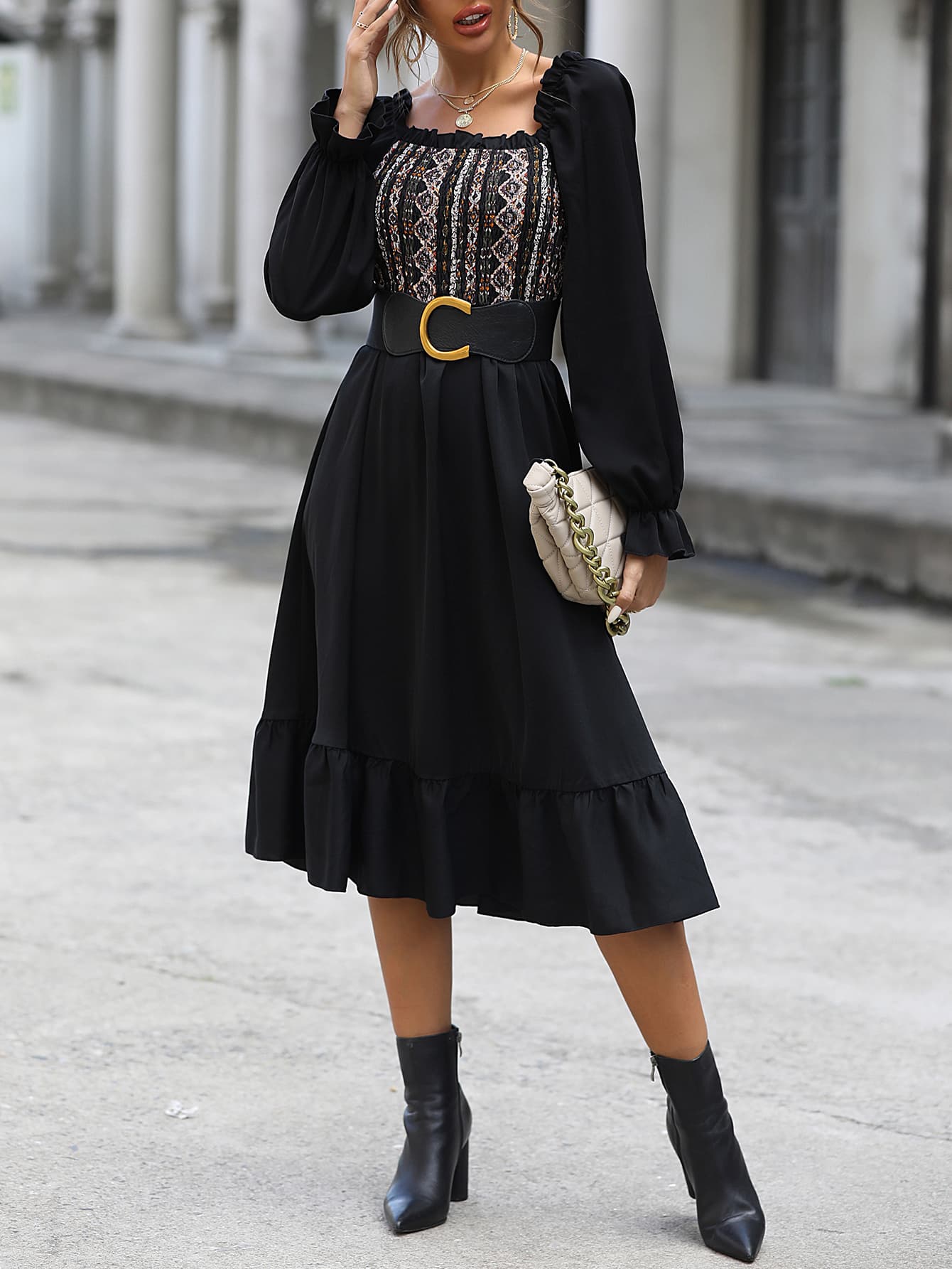 OFF SHOULDER SMOCKED HEM DRESS