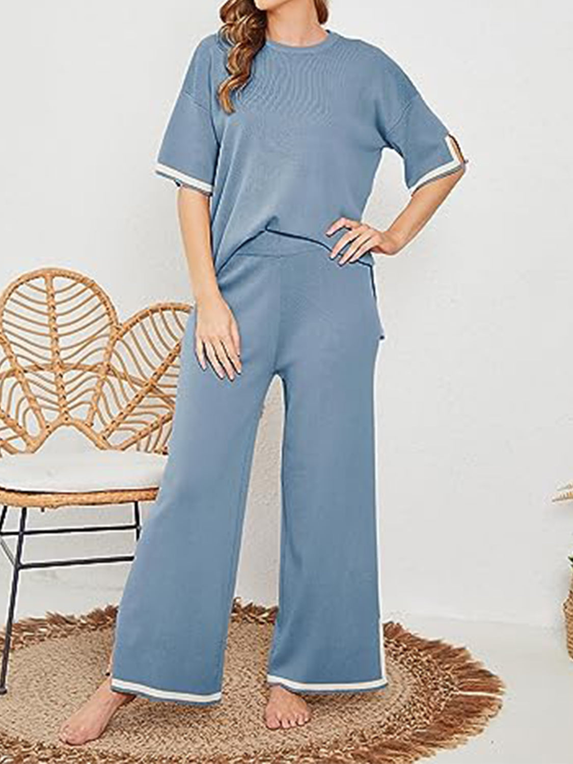 Contrast Knit Pants Set