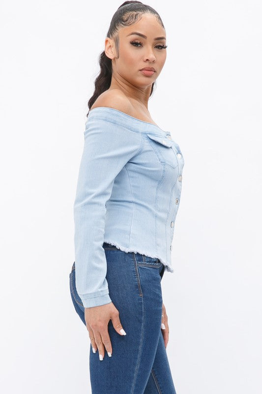 OFF THE SHOULDERS LONG SLEEVE DENIM TOP - Wäre Rare