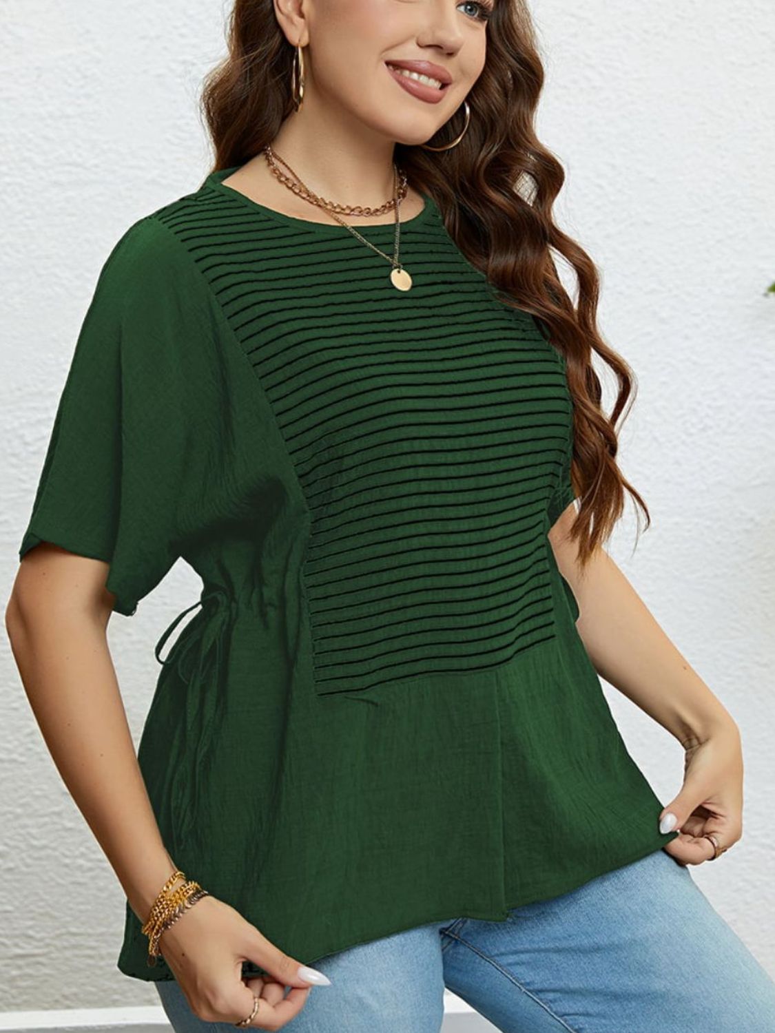 PLUS SIZE STRIPED DRAWSTRING TOP