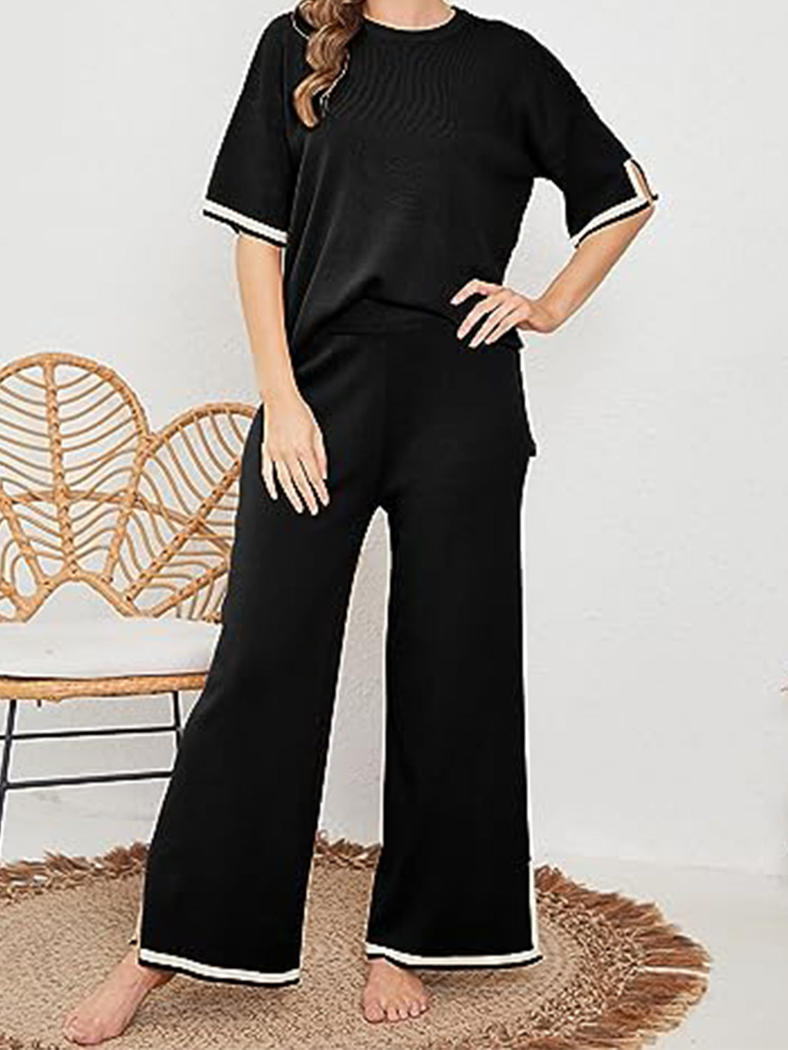 Contrast Knit Pants Set