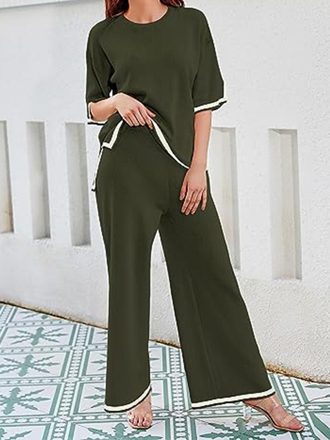 Contrast Knit Pants Set