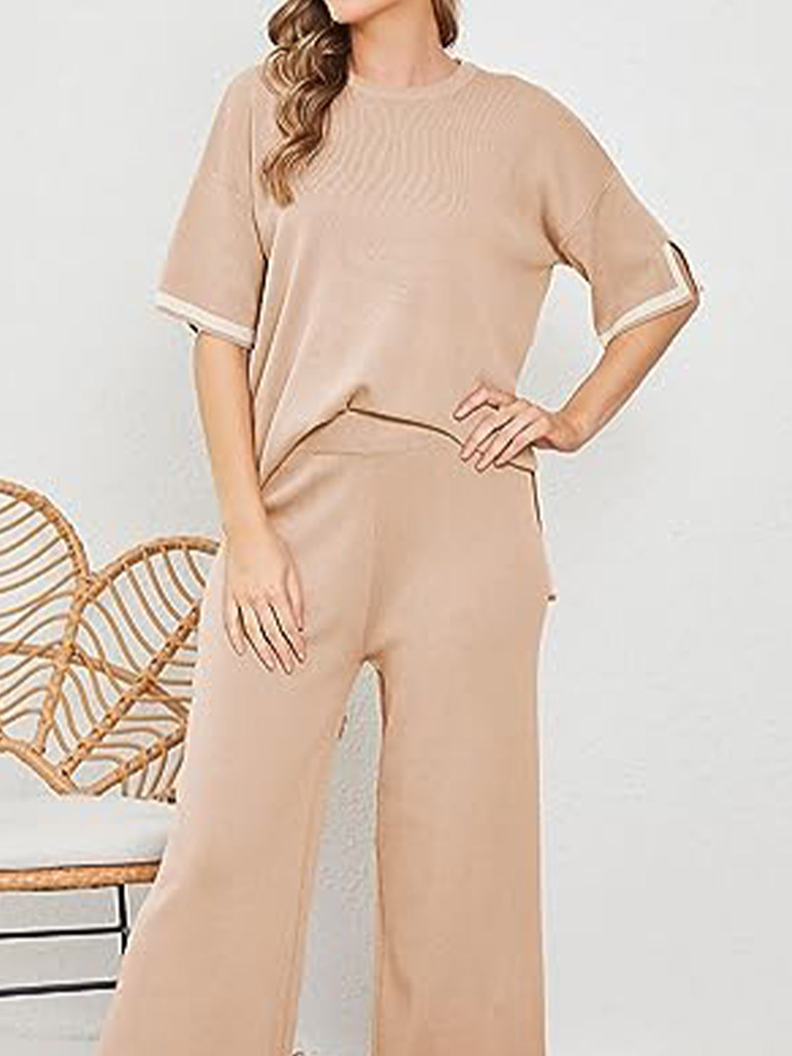 Contrast Knit Pants Set