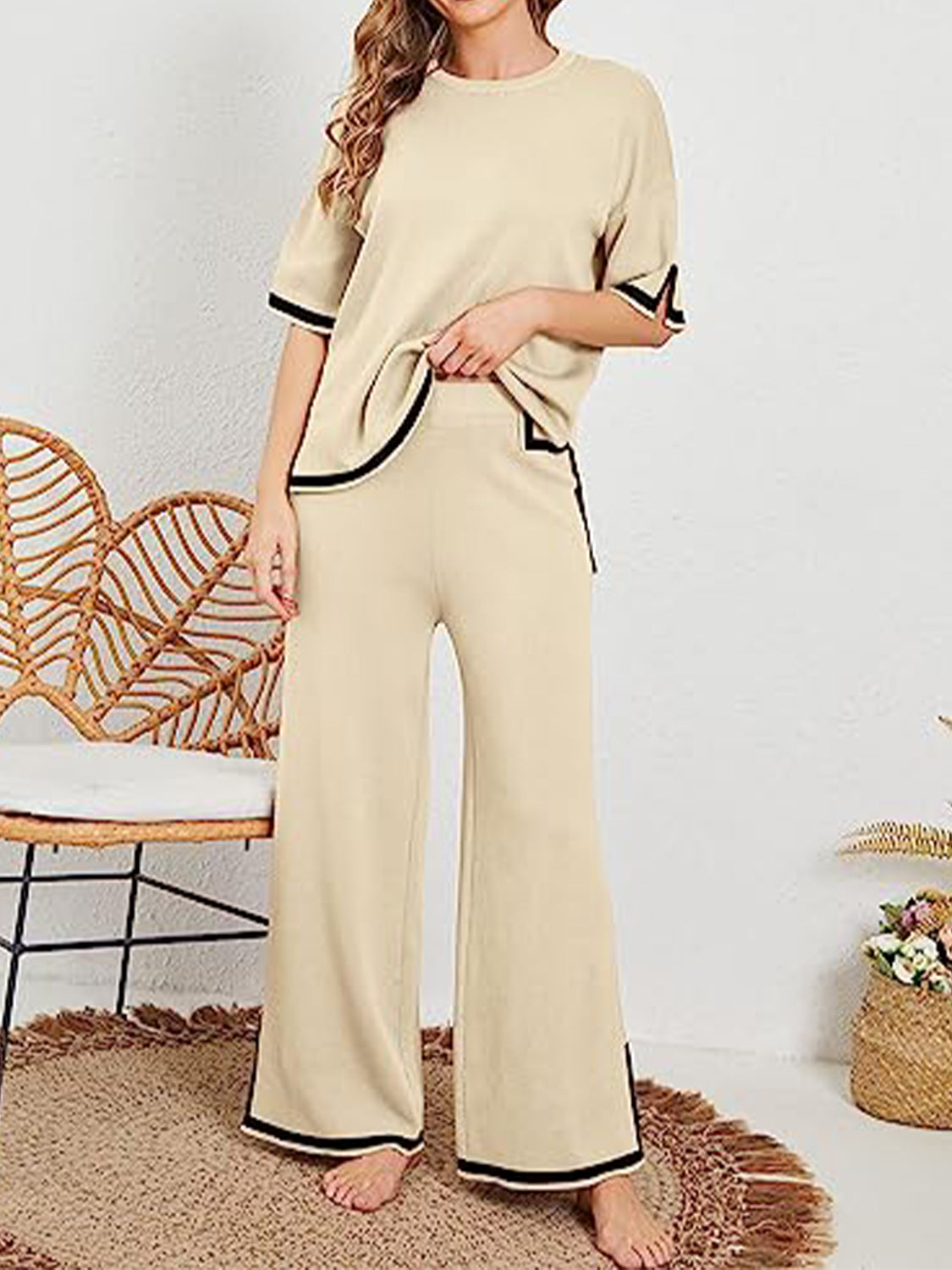 Contrast Knit Pants Set