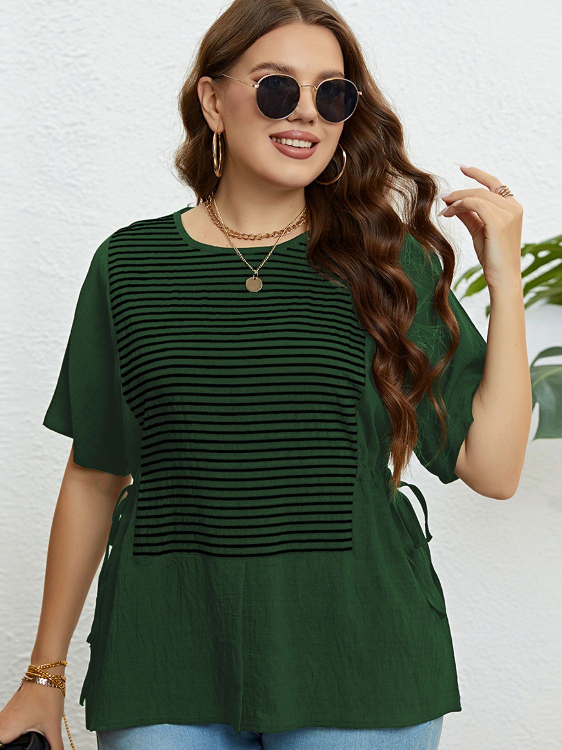 PLUS SIZE STRIPED DRAWSTRING TOP