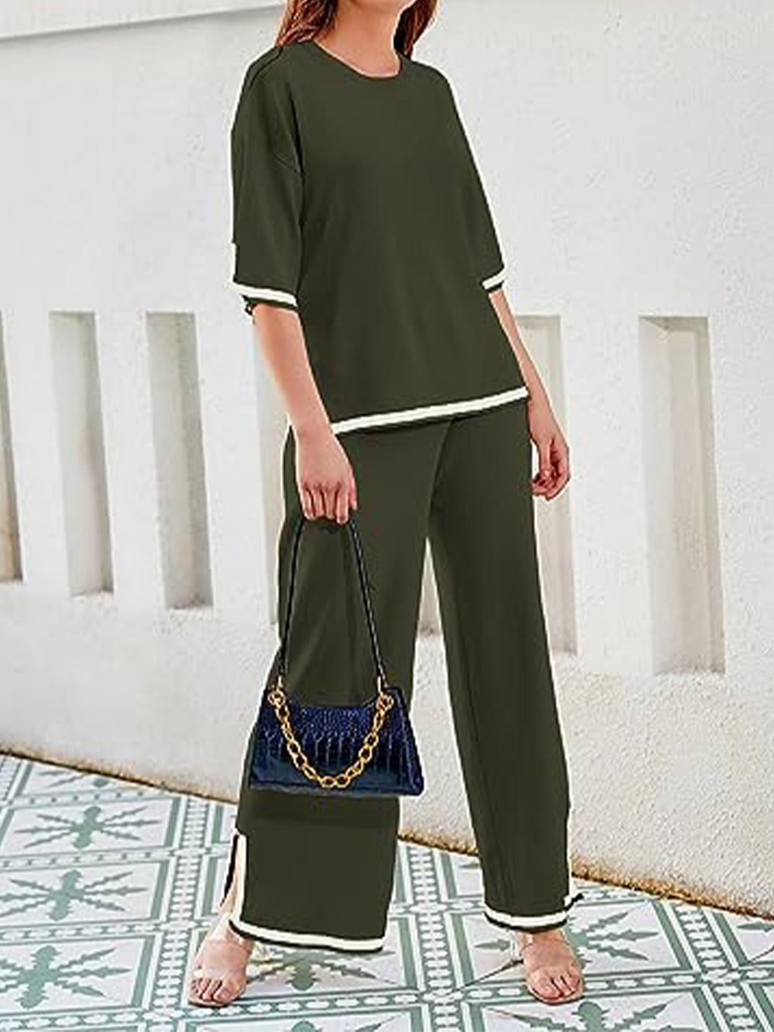 Contrast Knit Pants Set