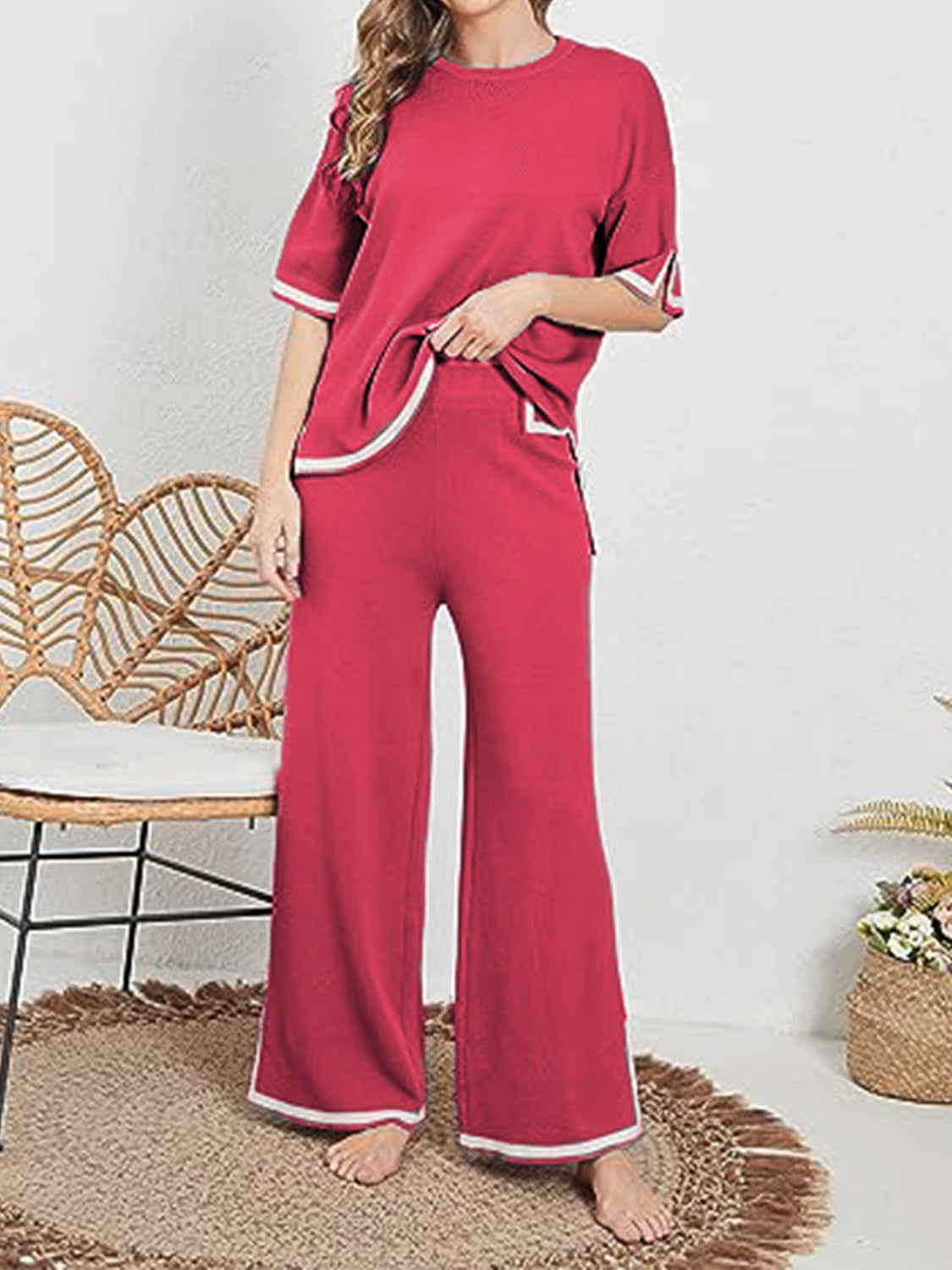 Contrast Knit Pants Set