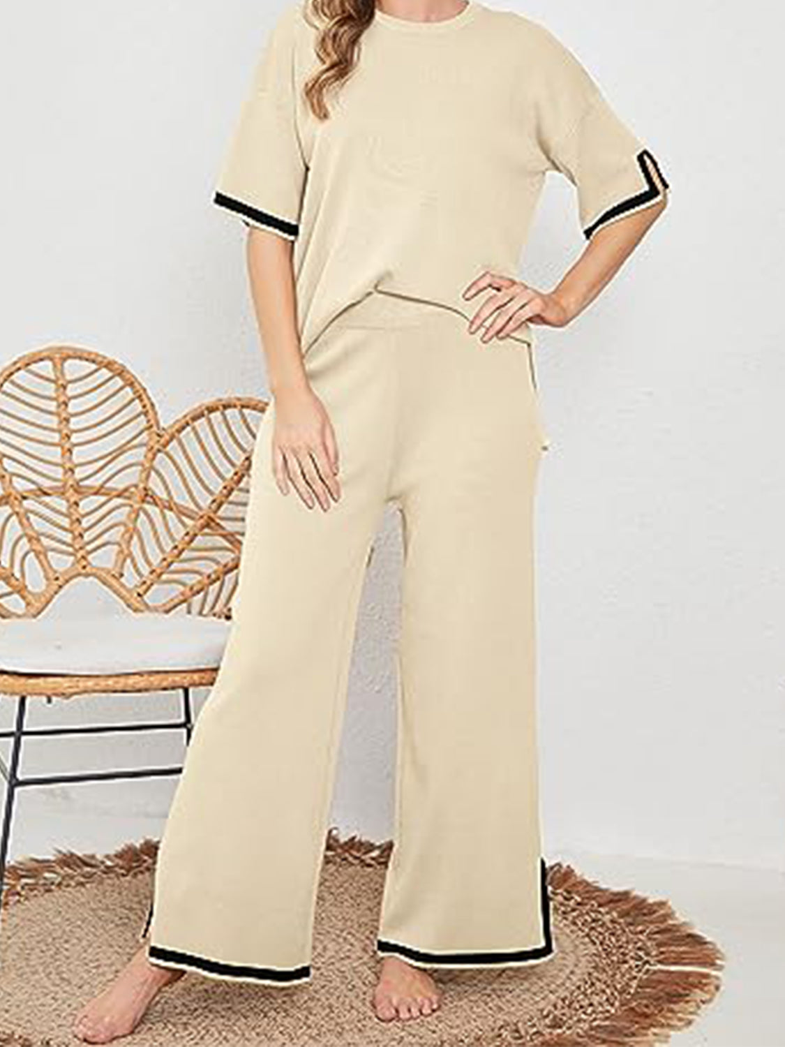 Contrast Knit Pants Set