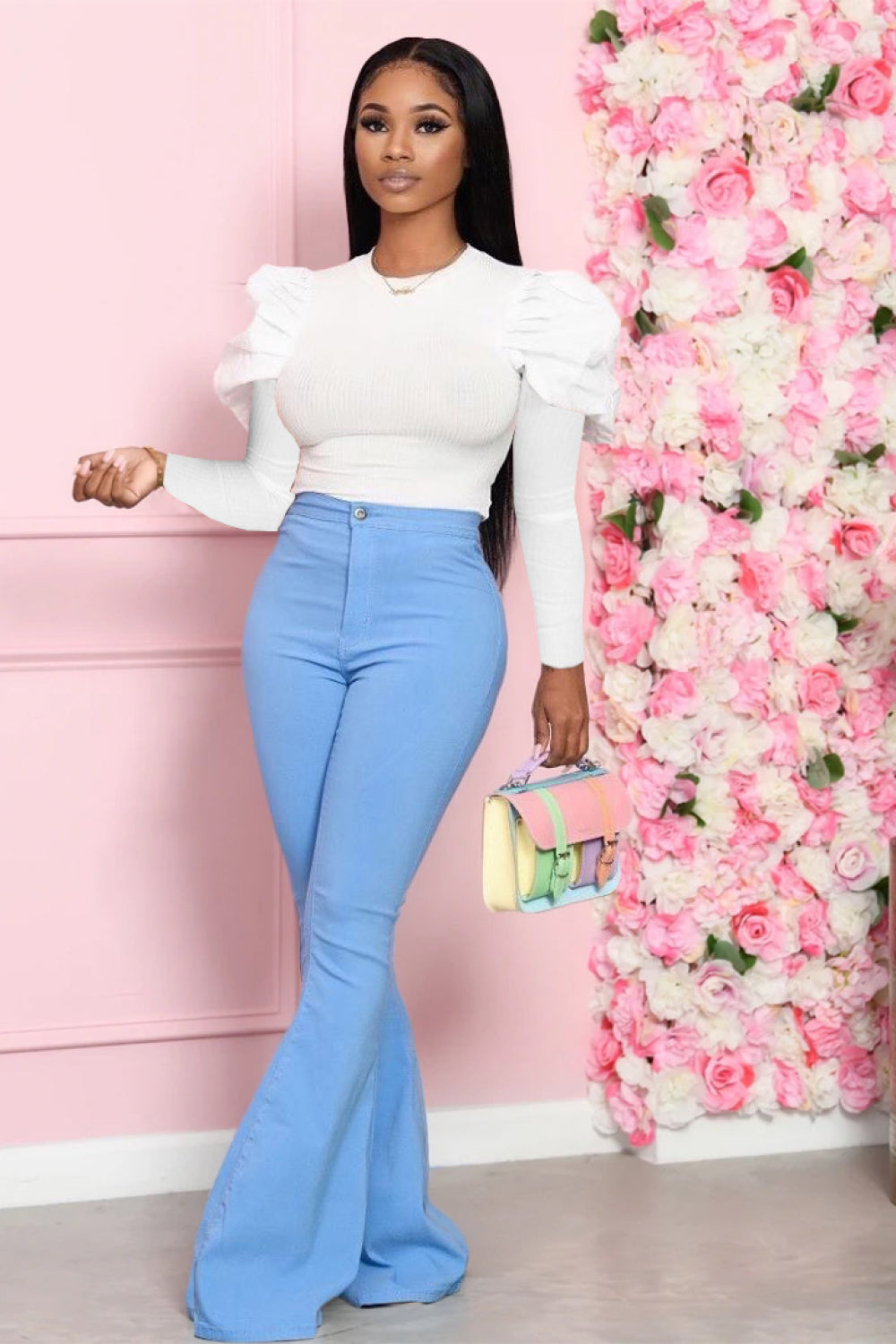 Mutton Sleeve Top and Flare Pants Set