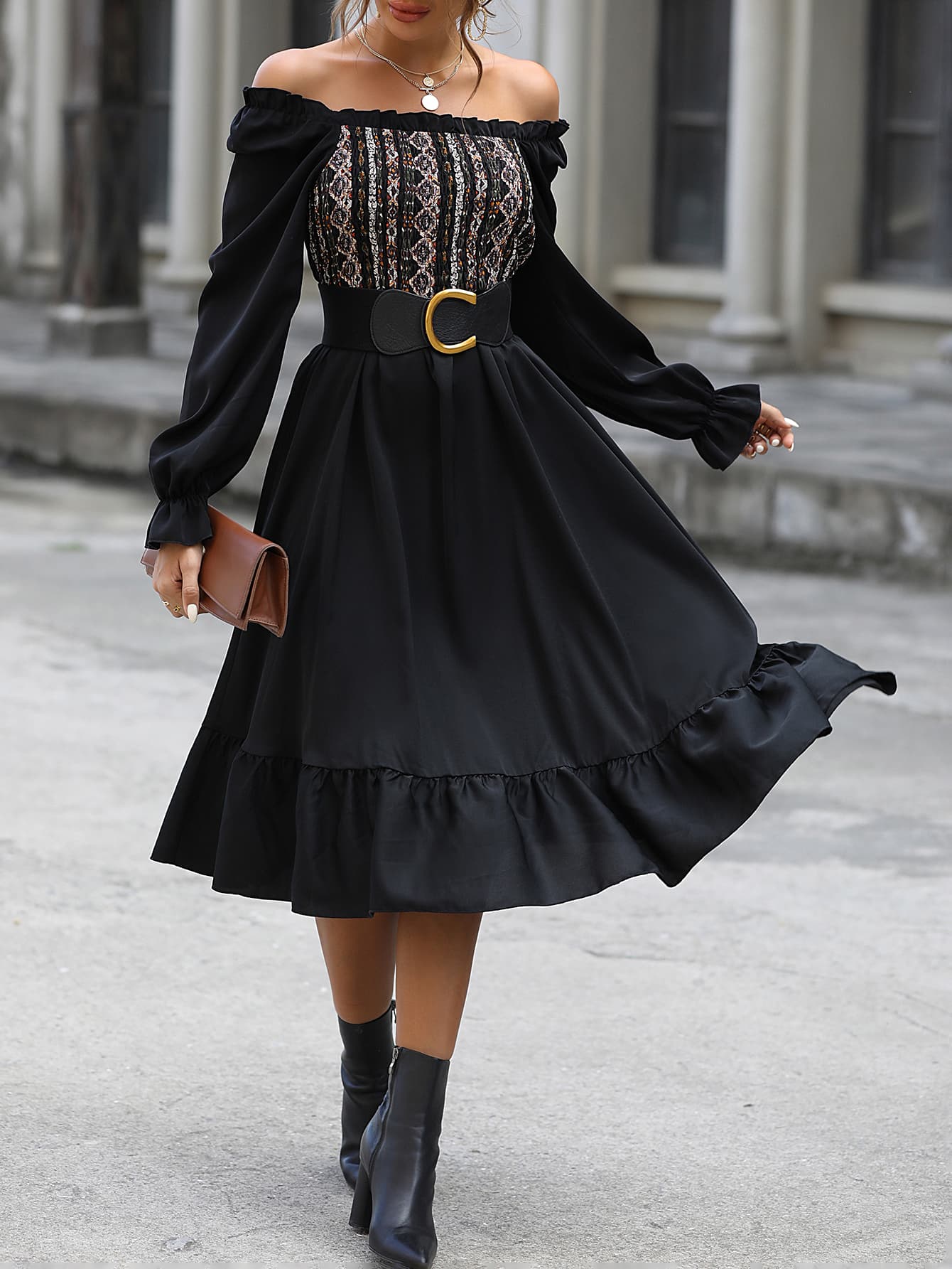 OFF SHOULDER SMOCKED HEM DRESS