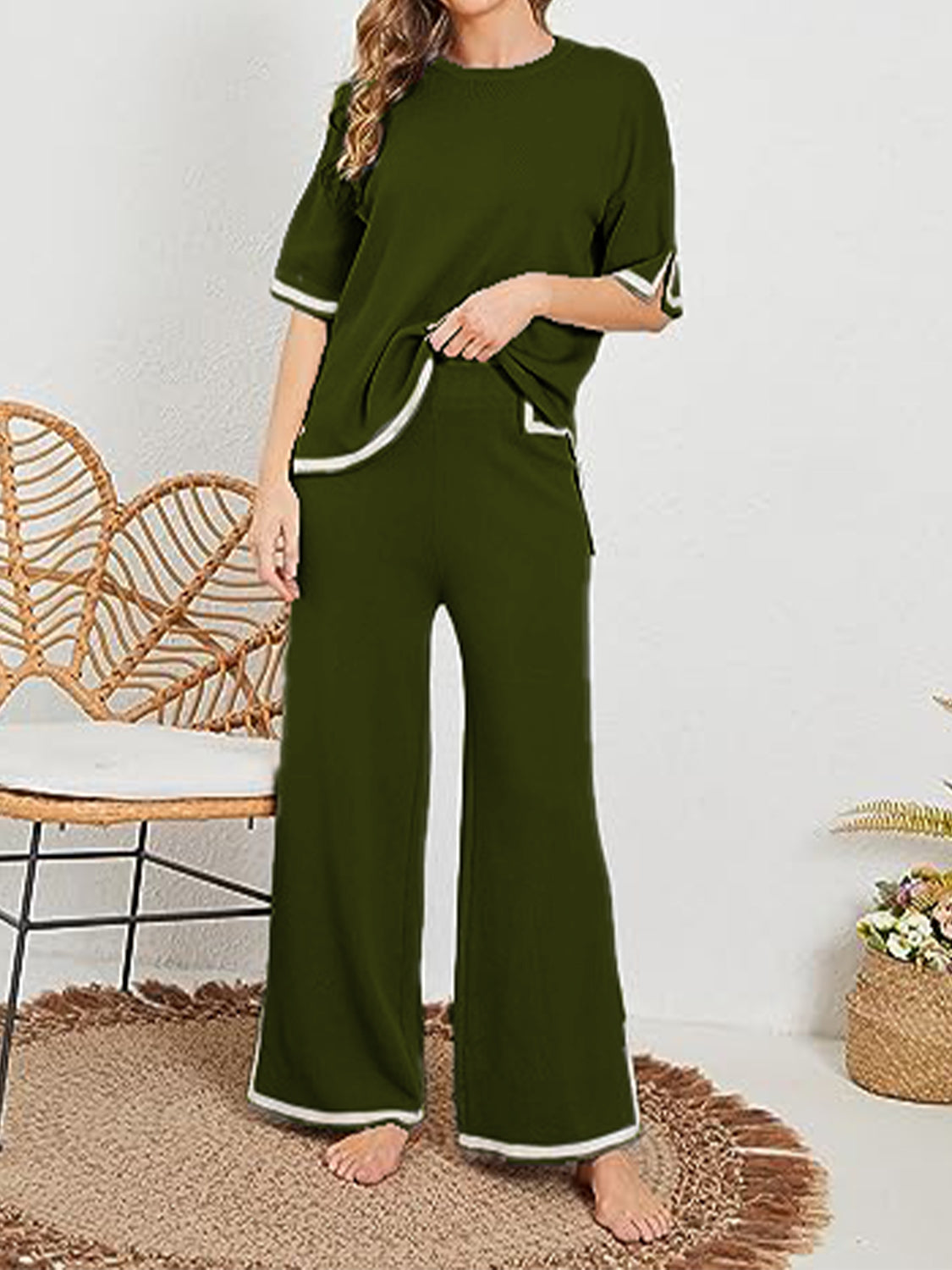 Contrast Knit Pants Set
