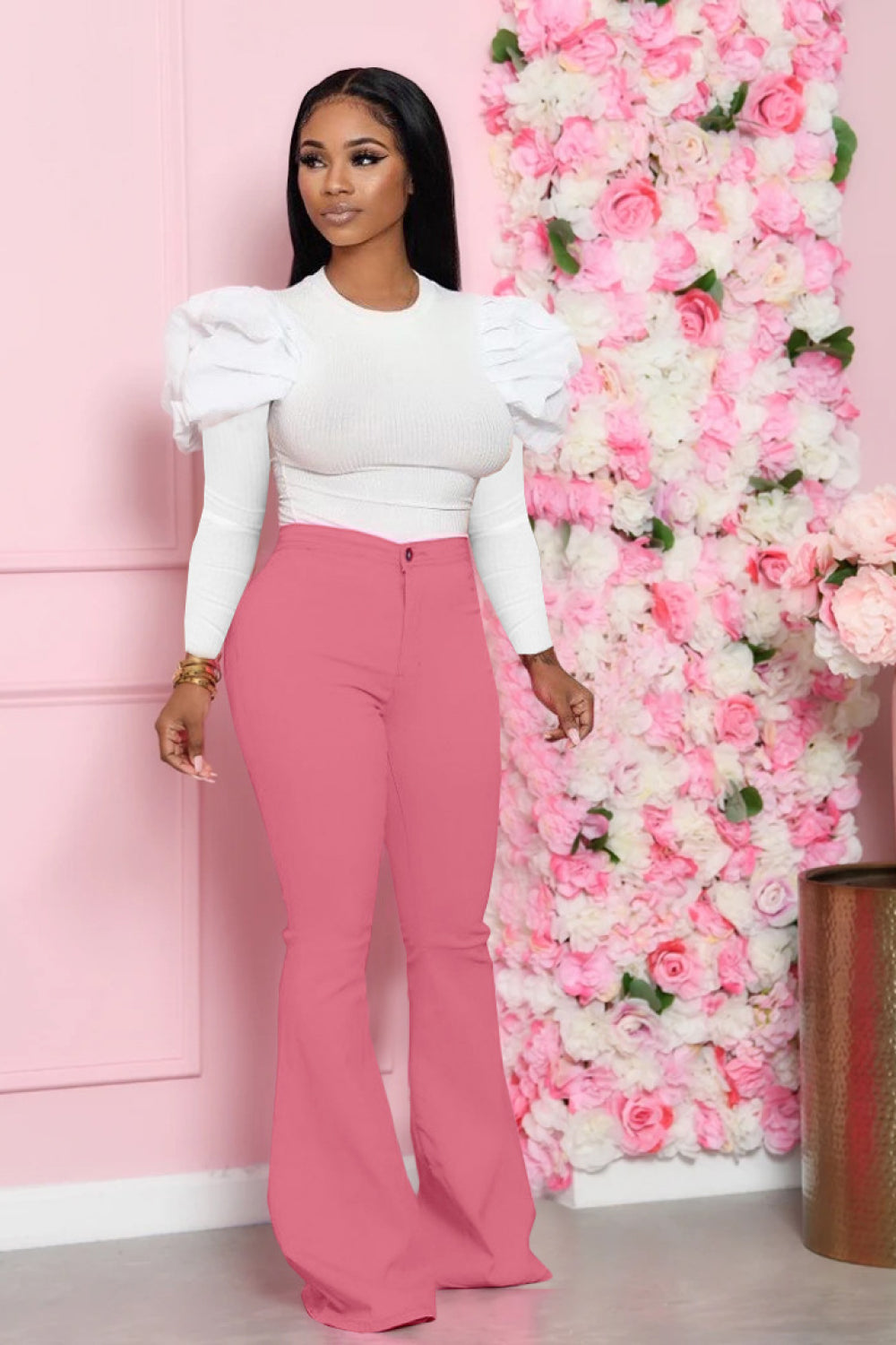 Mutton Sleeve Top and Flare Pants Set
