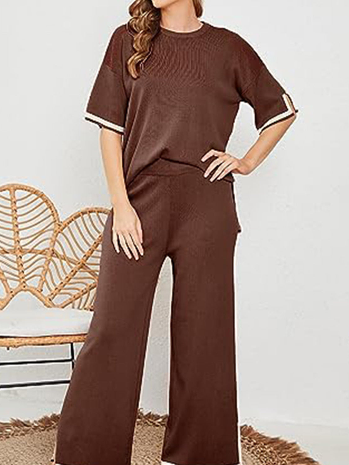 Contrast Knit Pants Set
