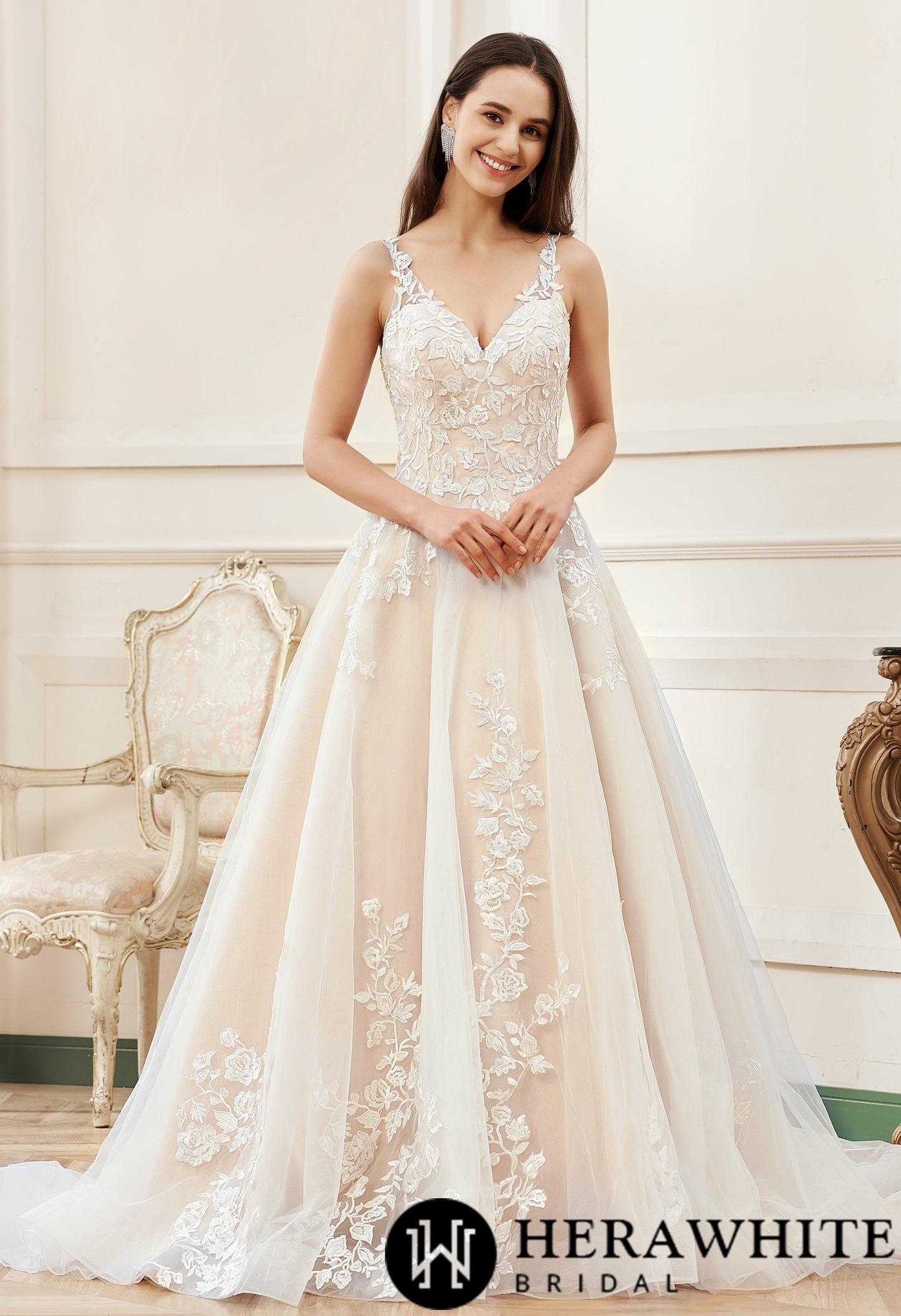A-Line Floral Details With Illusion Straps Wedding Dress - Wäre Rare