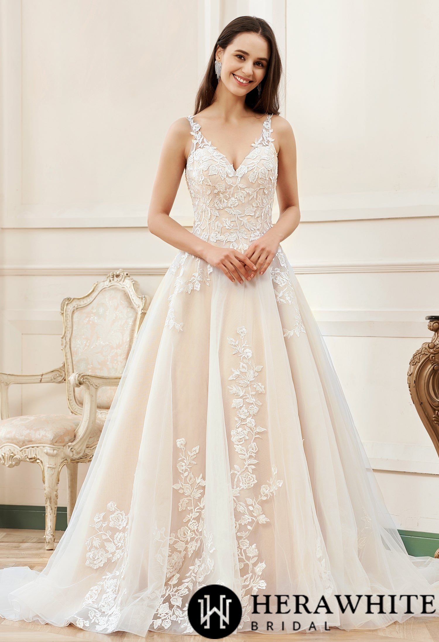 A-Line Floral Details With Illusion Straps Wedding Dress - Wäre Rare