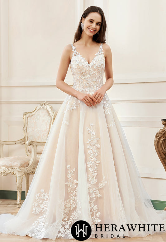 A-Line Floral Details With Illusion Straps Wedding Dress - Wäre Rare