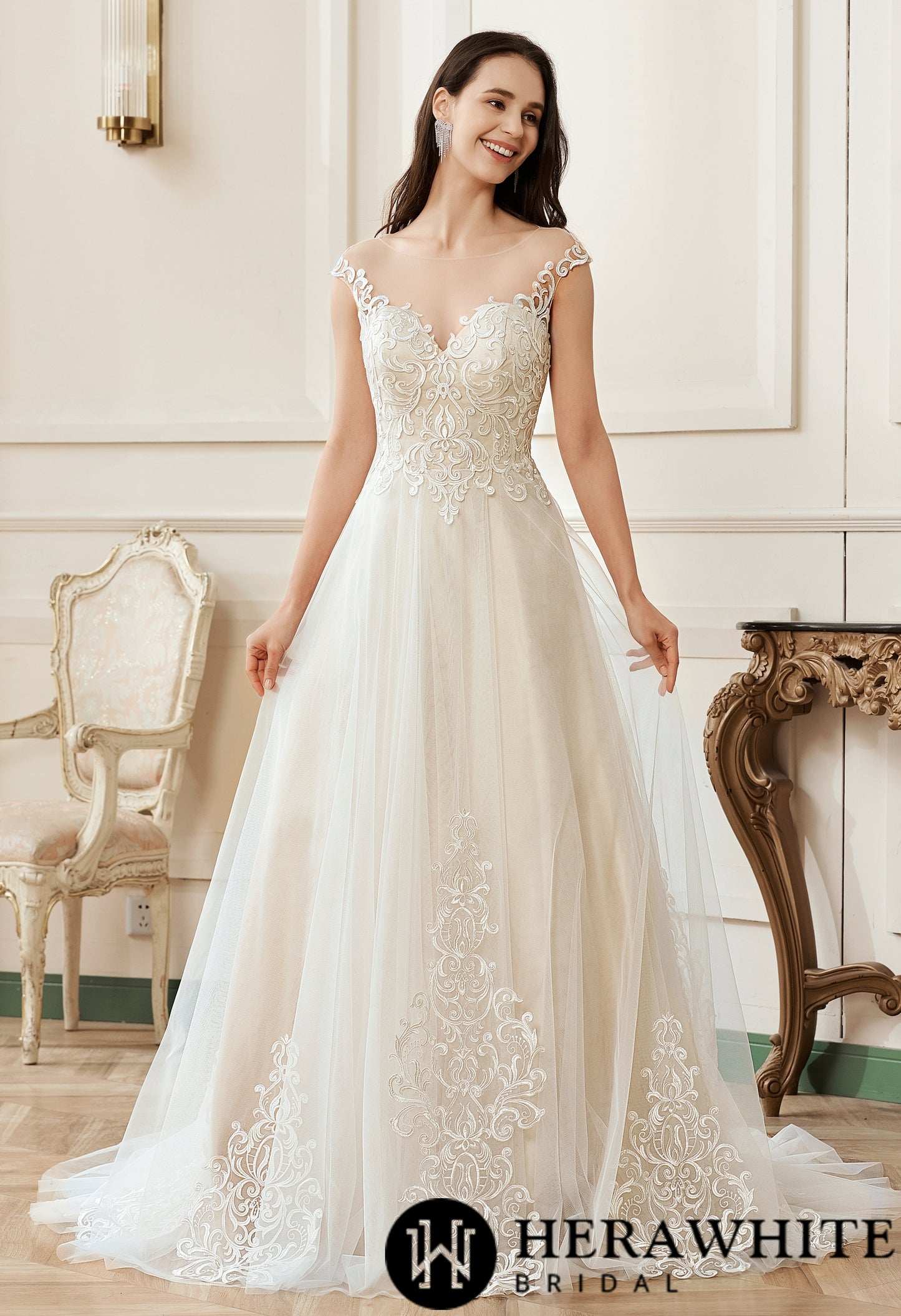 Illusion A-Line Scoop Neckline Lace Bridal Gown - Wäre Rare