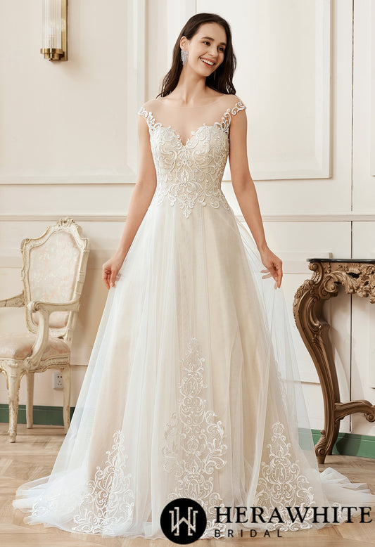 Illusion A-Line Scoop Neckline Lace Bridal Gown - Wäre Rare