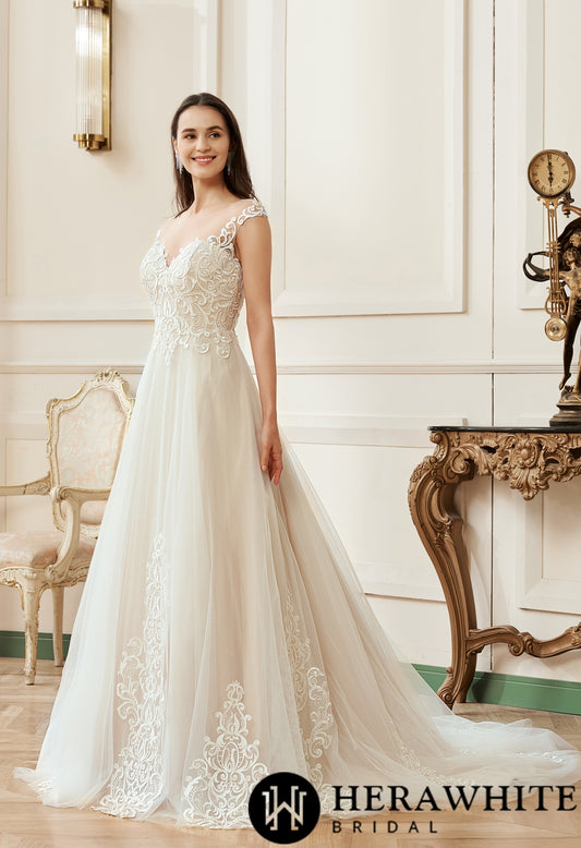 Illusion A-Line Scoop Neckline Lace Bridal Gown - Wäre Rare