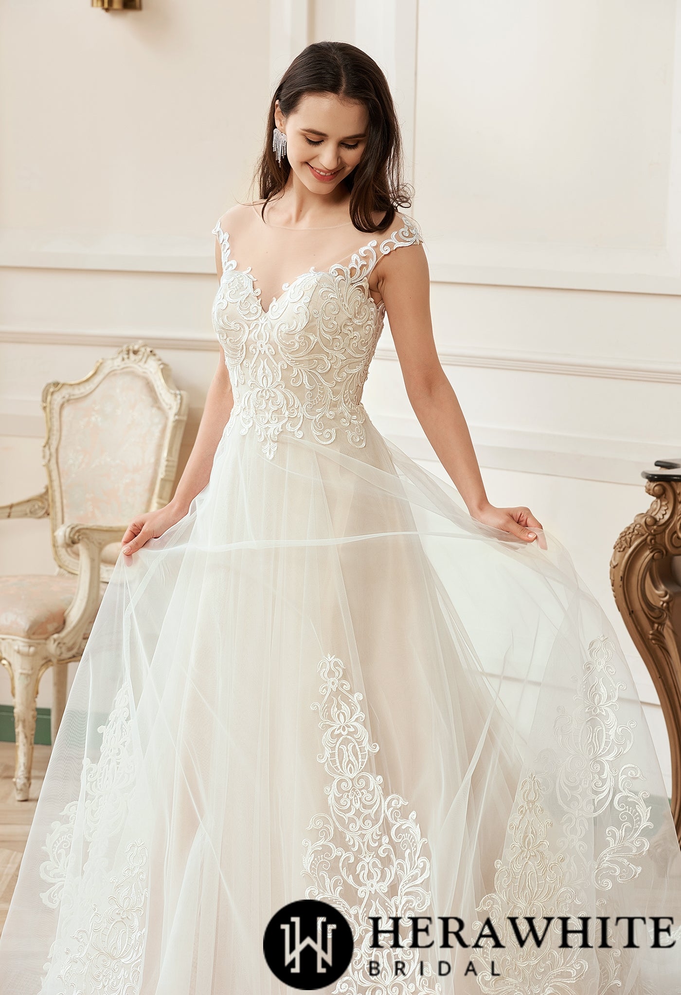 Illusion A-Line Scoop Neckline Lace Bridal Gown - Wäre Rare