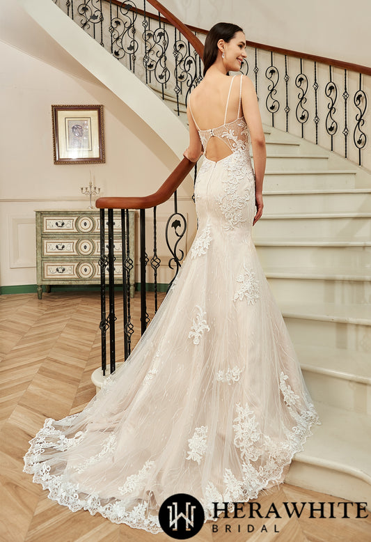 Champagne Fit And Flare With Beaded Straps Floral Lace Wedding Dress - Wäre Rare