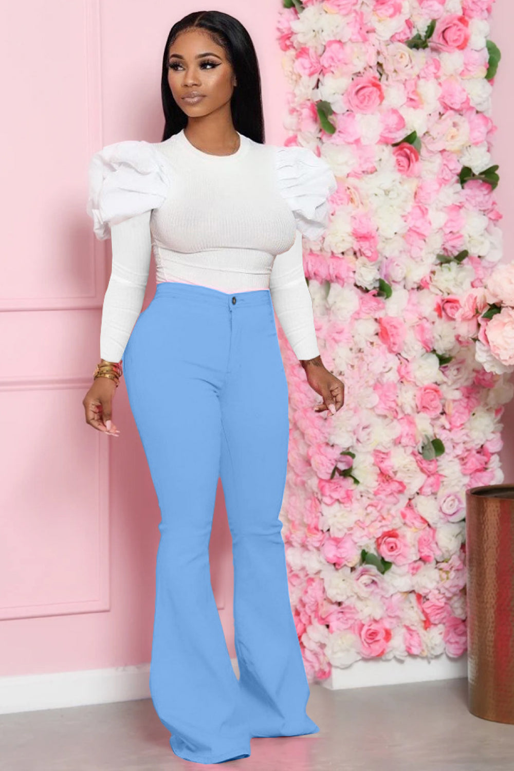 Mutton Sleeve Top and Flare Pants Set