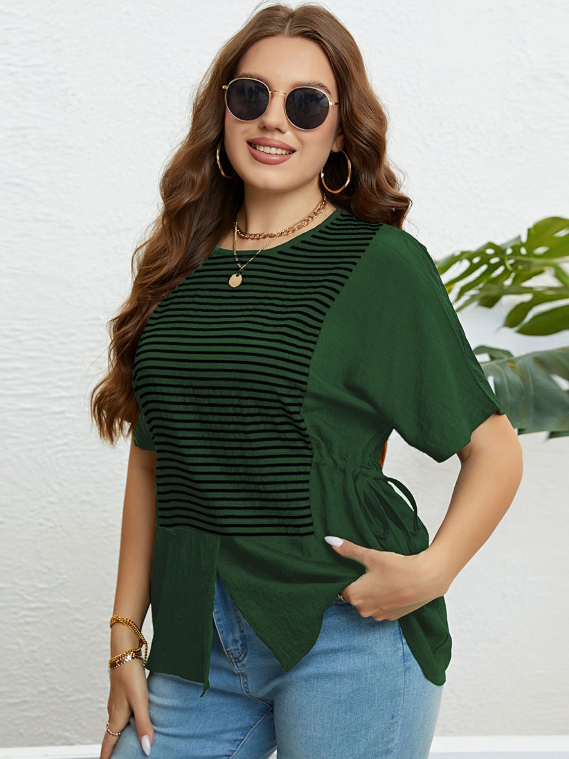 PLUS SIZE STRIPED DRAWSTRING TOP
