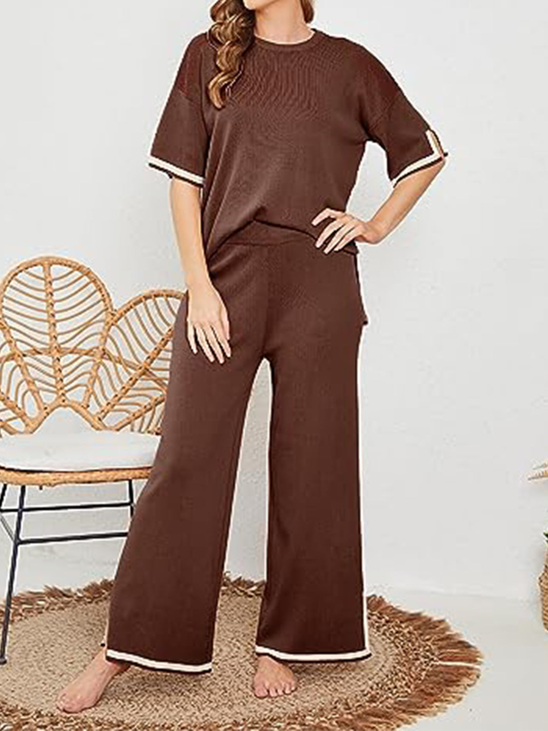 Contrast Knit Pants Set