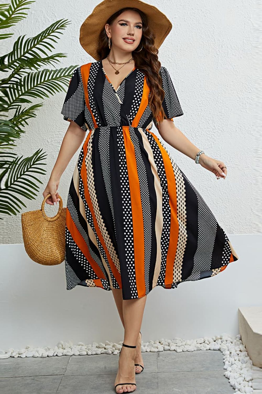MIXED PRINT STRIPED FLUTTER DRESS