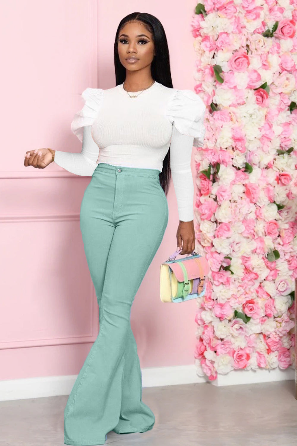 Mutton Sleeve Top and Flare Pants Set